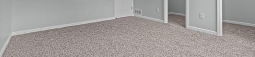 a bedroom with a carpeted floor and two closet doors