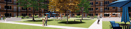 A park area with people walking and sitting in front of apartment buildings.