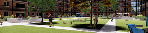 A group of people are walking through a courtyard with trees and grass.