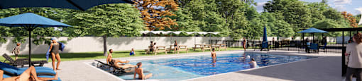A group of people are enjoying a sunny day at the pool.