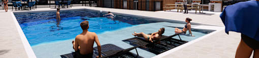 A group of people are enjoying a sunny day at a pool.