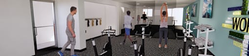 A gym with people working out and a wall with the word "WORKOUT" on it.