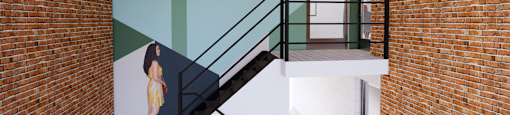 A woman in a yellow dress is walking up a staircase.