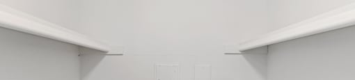 A white pantry with two shelves and a door.