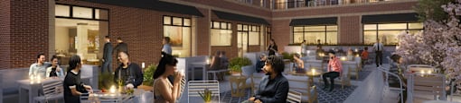 a rendering of an outdoor restaurant with people sitting at tables