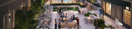 a rendering of a courtyard with seating and a pool