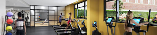 a rendering of a gym with people working out on exercise machines