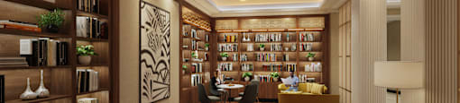 a living room filled with furniture and a library