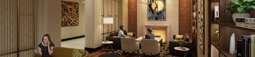 a rendering of the lobby of a hotel with people sitting at tables