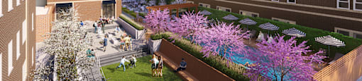 a rendering of an apartment complex with a pool and trees