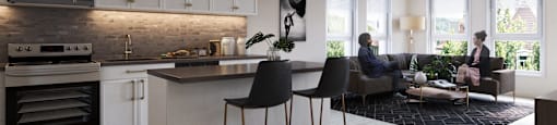a kitchen and living room with a woman sitting on a couch