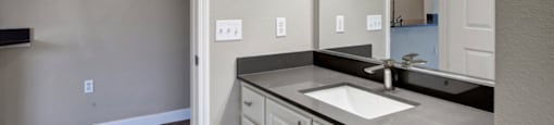 a bathroom with a sink and a mirror