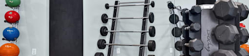 A gym with a bench, weights, and a mirror.