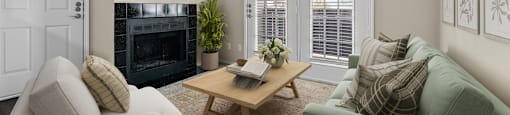 a living room with two couches and a coffee table