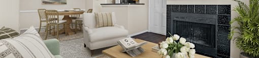 a living room with a fireplace and a television