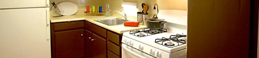 Kitchen with dark cabinetry, white appliances and 2-tone beige paint.  White ceiling with rectangle light.  Light wood flooring.
