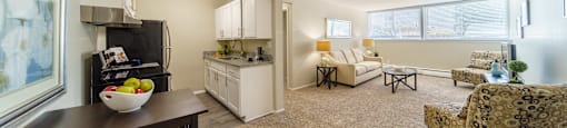 Open floor plan with kitchen, dinning area, and living room.