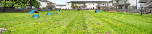 A grassy field with a fence and houses in the background.