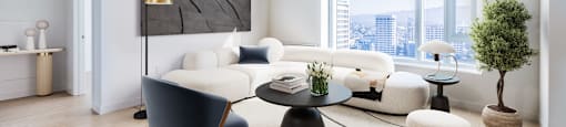A modern living room with a large window overlooking the city.