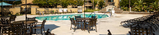 Poolside Dining Tables at 55+ FountainGlen Stevenson Ranch, Stevenson Ranch