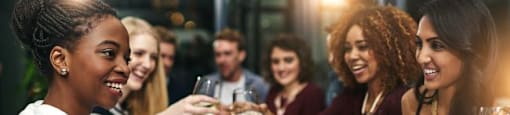 A group of people toasting with wine glasses at a dinner table.