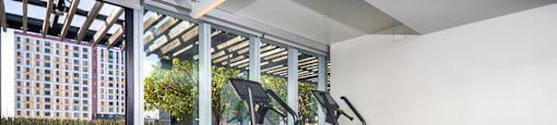 A treadmill and a stationary bike are in a room with a view of a city.