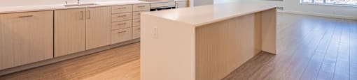 A kitchen with wooden cabinets and a counter.