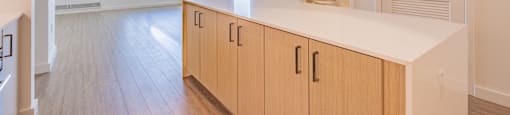 A long white counter with wooden cabinets.