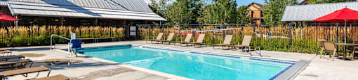 Sunny pool deck at Mullan Reserve Apartments in Missoula, MT