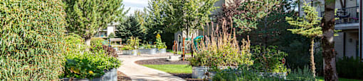 A path through the Mullan Reserve Apartments complex with trees and plants on either side at Mullan Reserve Apartments, Missoula, Montana