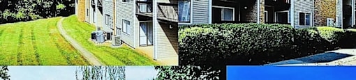 Four different views of a modern apartment building.at Ridgewood Apartments, Greensboro, 27410