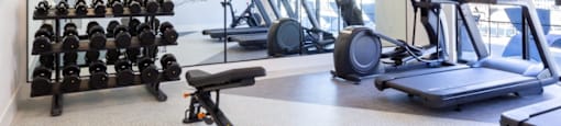 A well-equipped gym with a variety of exercise machines and weights.