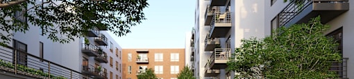 a rendering of a courtyard with trees and benches
