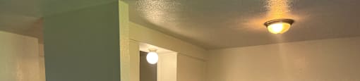 A room with a white wall and a grey carpet.