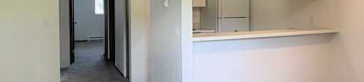 A room with a white counter and a grey carpet.