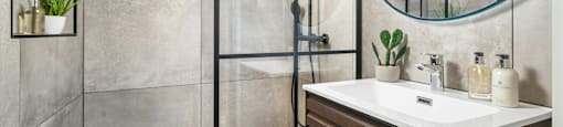A modern bathroom with a walk-in shower and a vanity with a mirror above it.