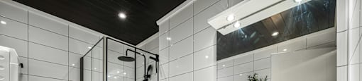 A modern bathroom with a walk-in shower and a toilet.