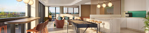 a rendering of a living room with a table and chairs