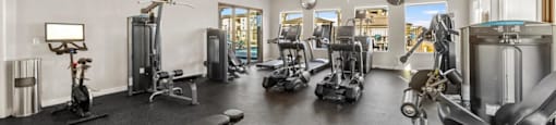 the gym is equipped with cardio equipment and weights