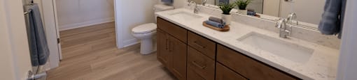 a bathroom with a large mirror and a sink and a toilet