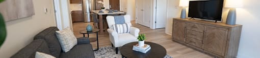 a living room with a couch and a table