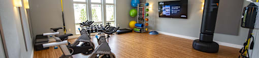 a gym with exercise equipment and a tv on the wall