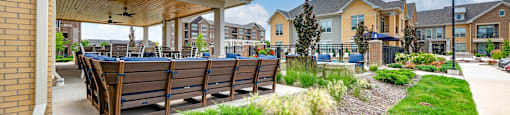 the preserve at ballantyne commons community patio with benches and a pool