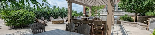 a patio with a table and chairs and a pergola