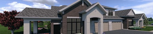 A modern house with a grey roof and a driveway leading to the garage.