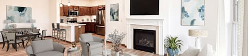 a living room with a fireplace and a couch