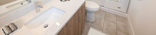 a bathroom with a sink toilet and shower