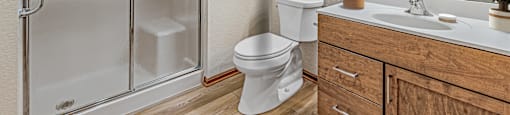A bathroom with a white toilet, a white sink, a glass shower door, and a wooden medicine cabinet.