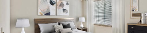 A bedroom with a bed, nightstand, and a ceiling fan.