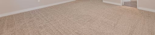 A room with beige carpet and white walls with three doors.
